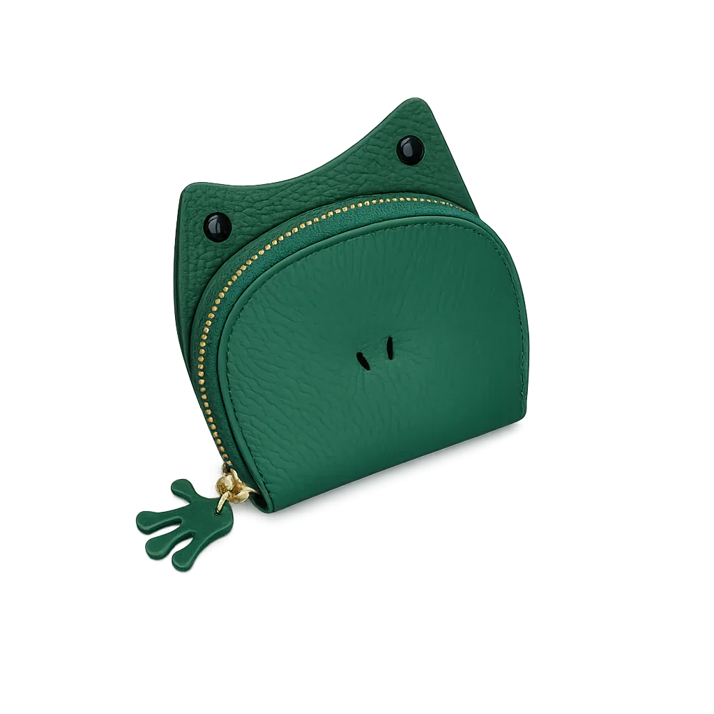 Handcrafted green leather frog-shaped card holder with a smiling face and gold zipper.