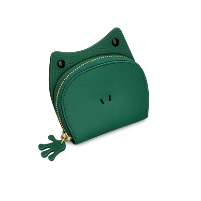 Handcrafted green leather frog-shaped card holder with a smiling face and gold zipper.