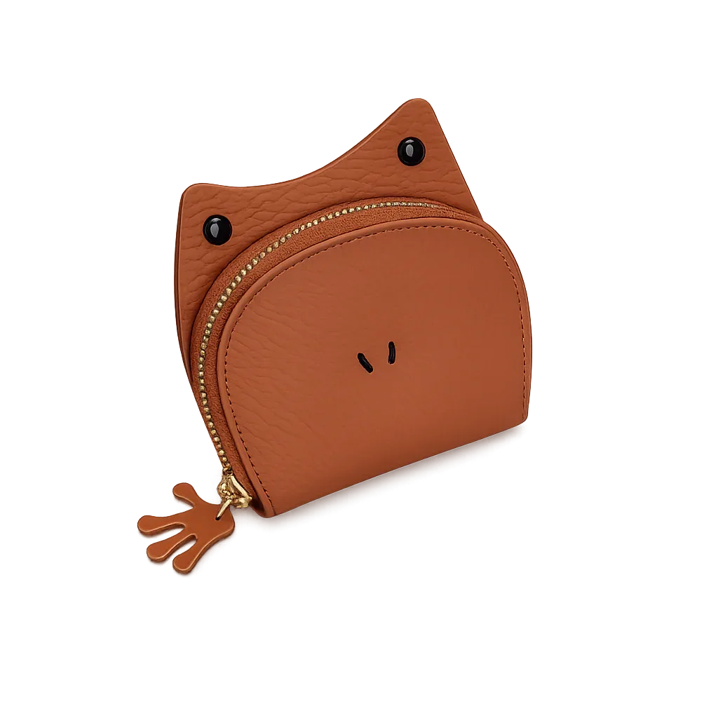Handcrafted brown leather frog-shaped card holder with a smiling face and gold zipper.
