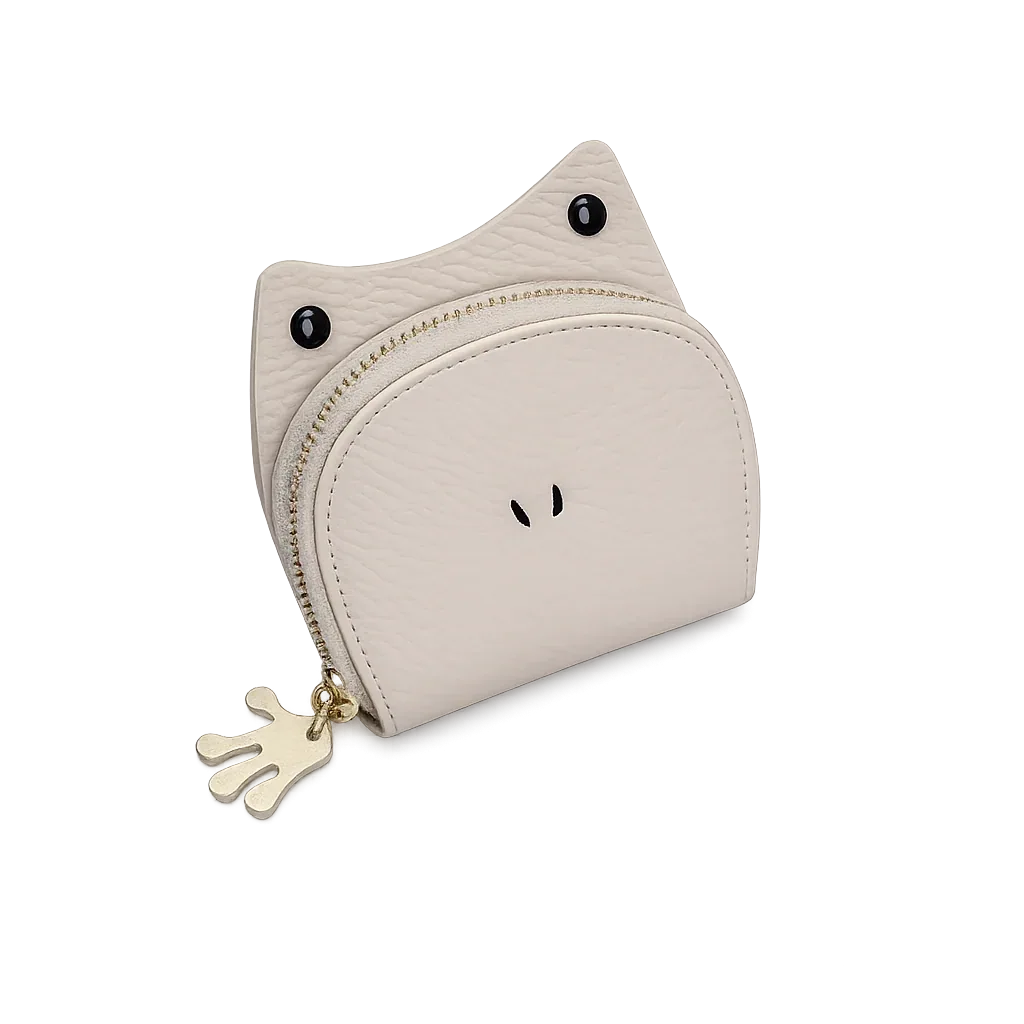 Handcrafted white leather frog-shaped card holder with a smiling face and gold zipper.