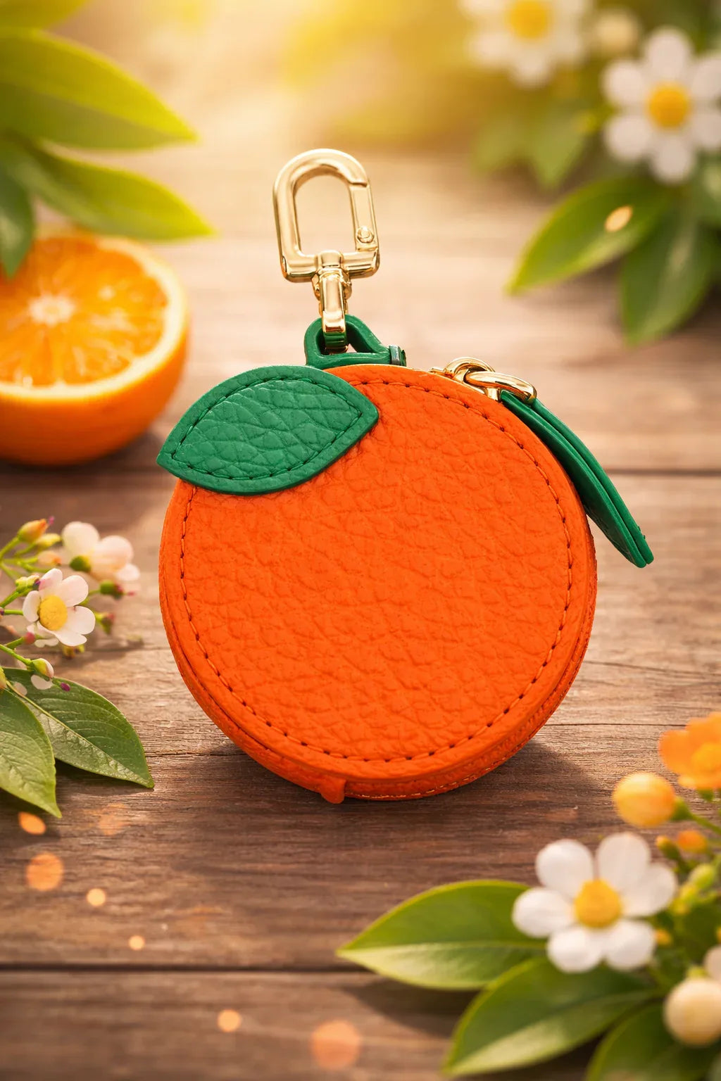 Little Fruit Minis orange leather coin purse keychain and bag charm.