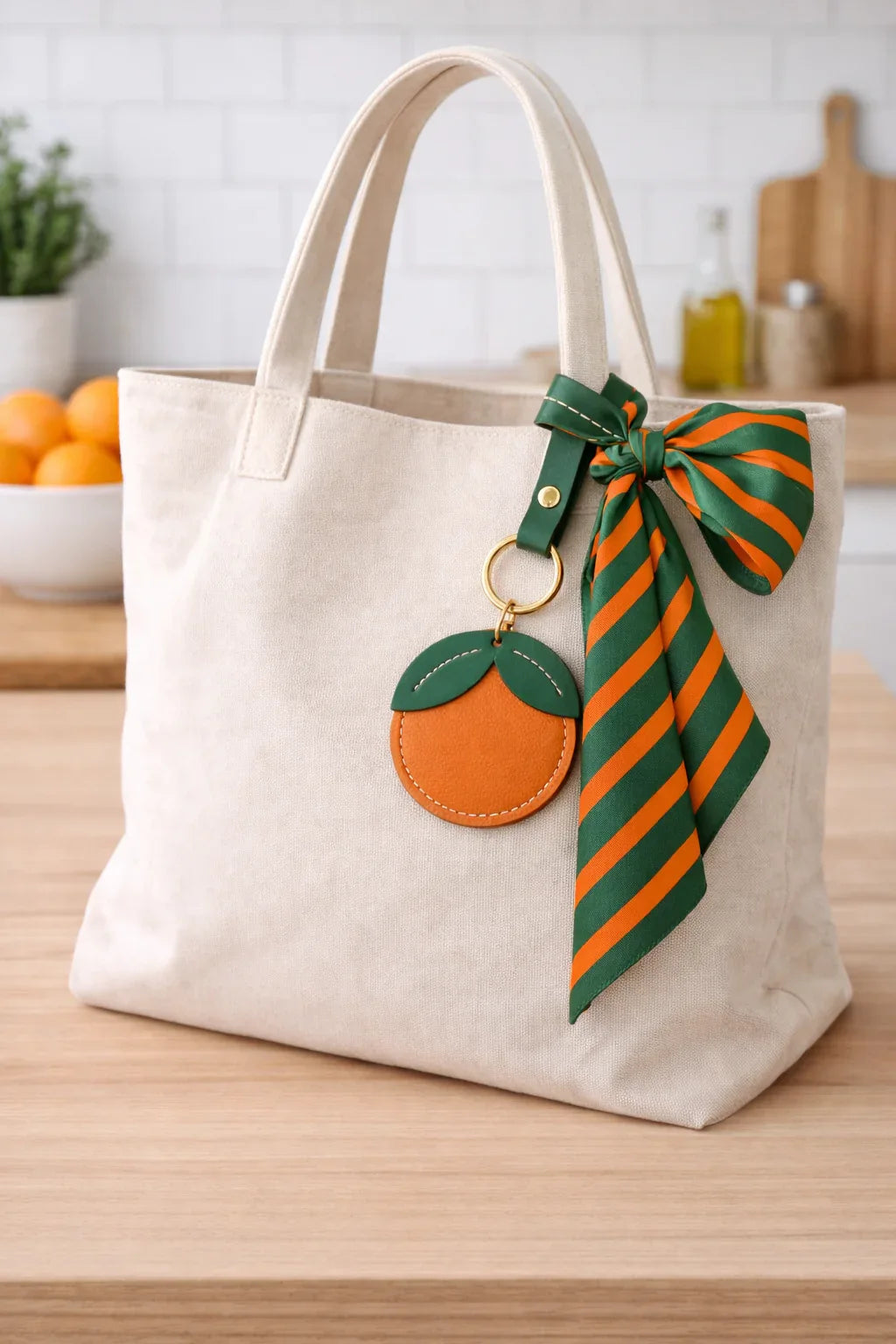 Little Orchard Orange Fruit Bag Charm with leather strap on Purse with scarf sitting on table. 