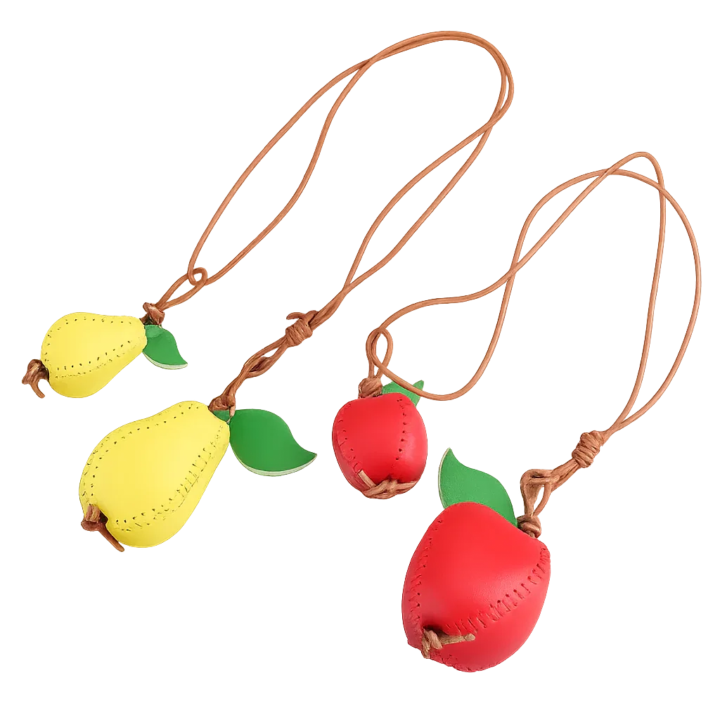 Pear and Apple Orchard Luxe Leather Fruit Bag Charms with leather strap.