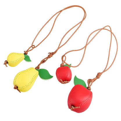 Pear and Apple Orchard Luxe Leather Fruit Bag Charms with leather strap.