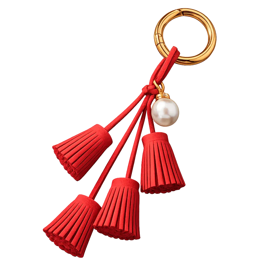 Red Suede & Pearl Tassel Bag Charm with pearl accent on brass key ring. 