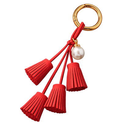 Red Suede & Pearl Tassel Bag Charm with pearl accent on brass key ring. 