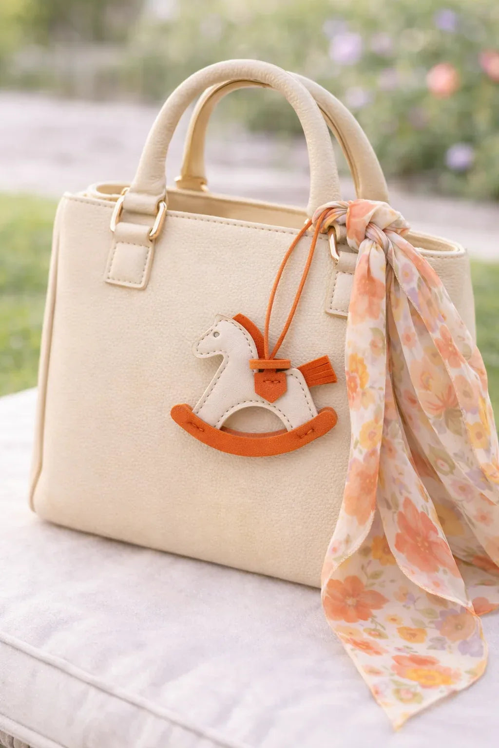 White Rockabye Keepsake Horse Charm with leather strap on white bag and scarf. 