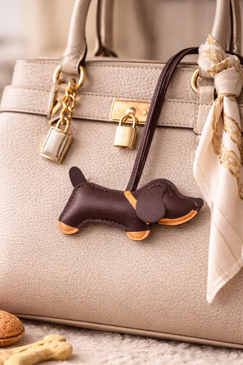 Chic Brown Leather Dachshund Bag Charm  with leather strap on luxury bag with scarf. 