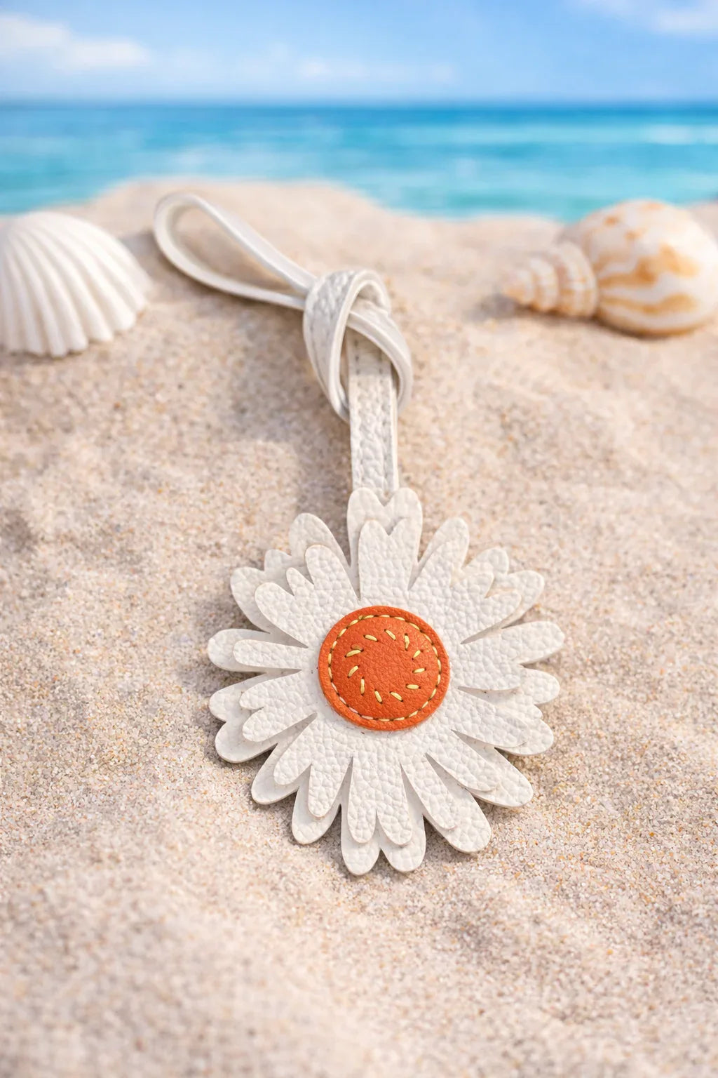 Sunlit Daisy Leather Bag Charm  with leather strap on sand at beach. 