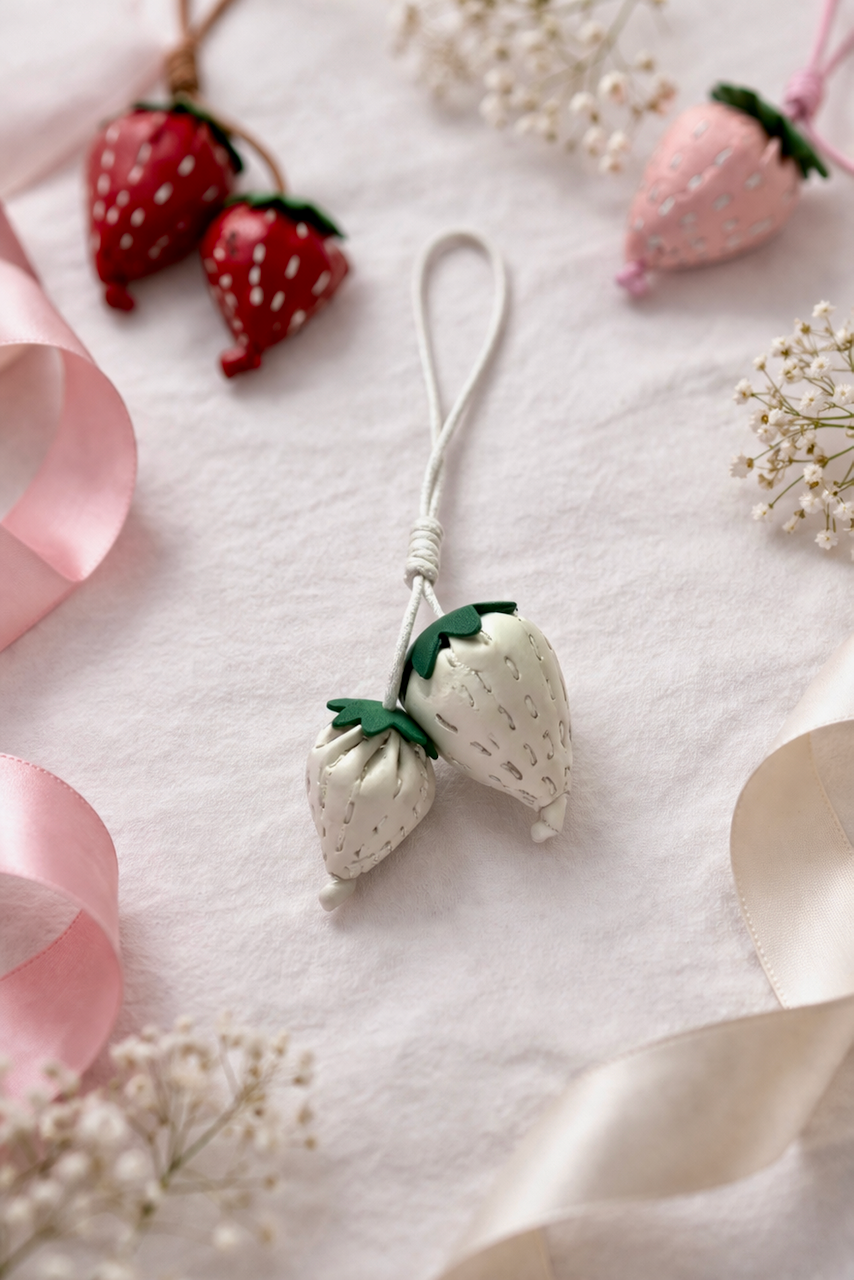 Fraise Duet Leather Strawberry Bag Charm Set | Handmade Duo Gift