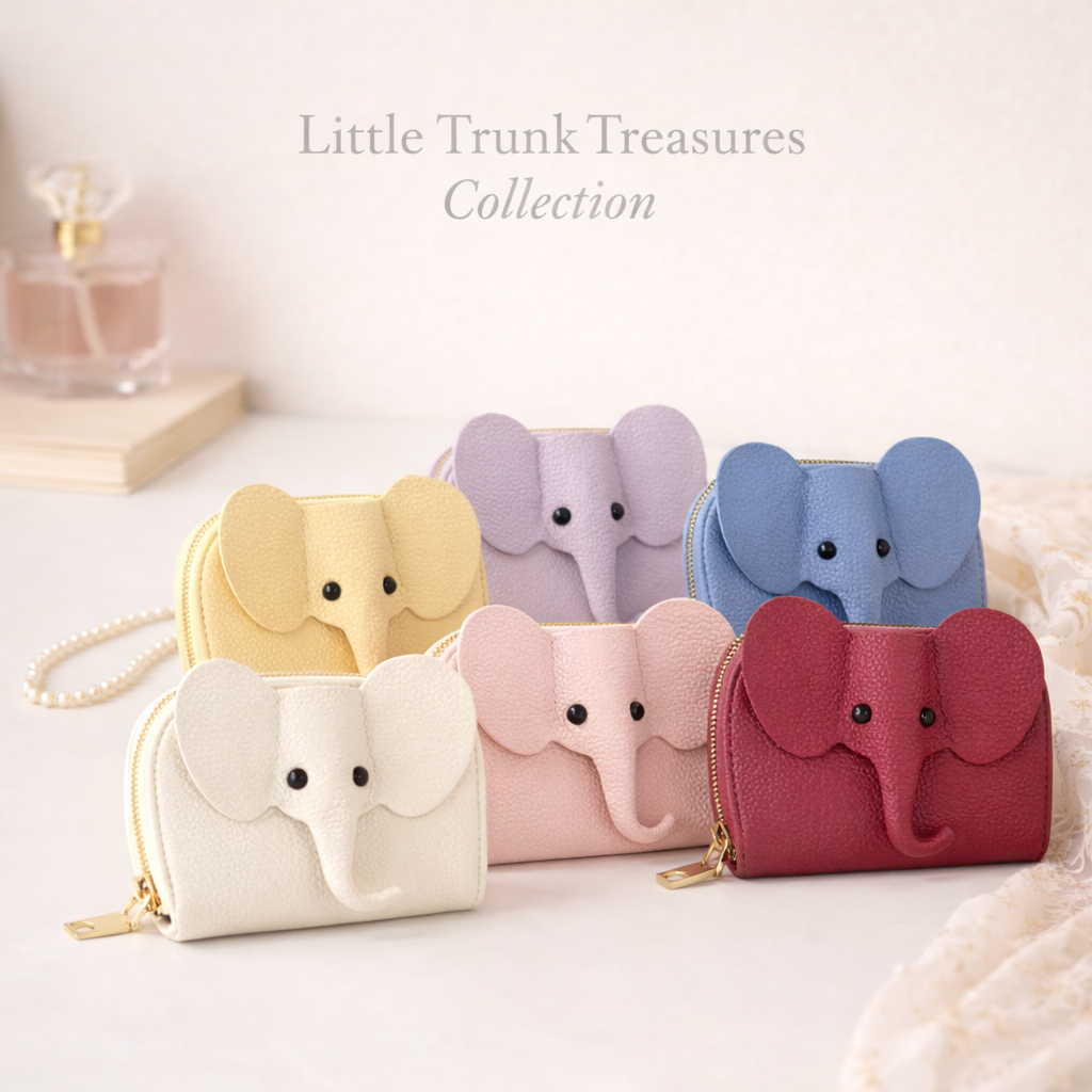 Set of colorful pastel elephant card holder with 'Little Trunk Treasures Collection' text.