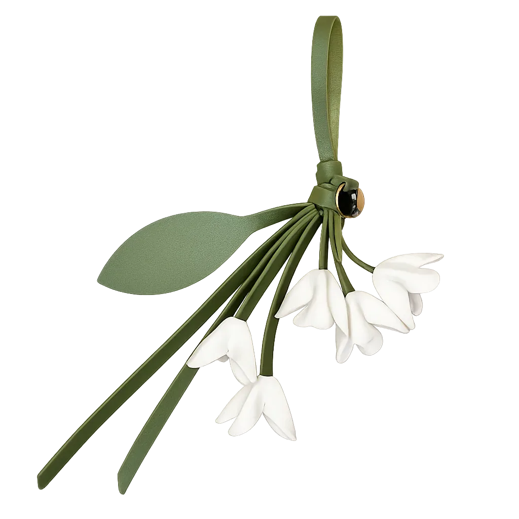 White Petite Lily Bag Charm  with leather strap. 