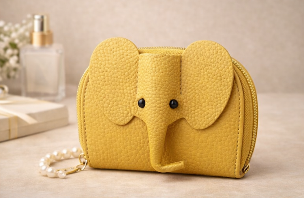 Elephant-shaped leather card holder in yellow with a secure gold zipper and multiple card slots.