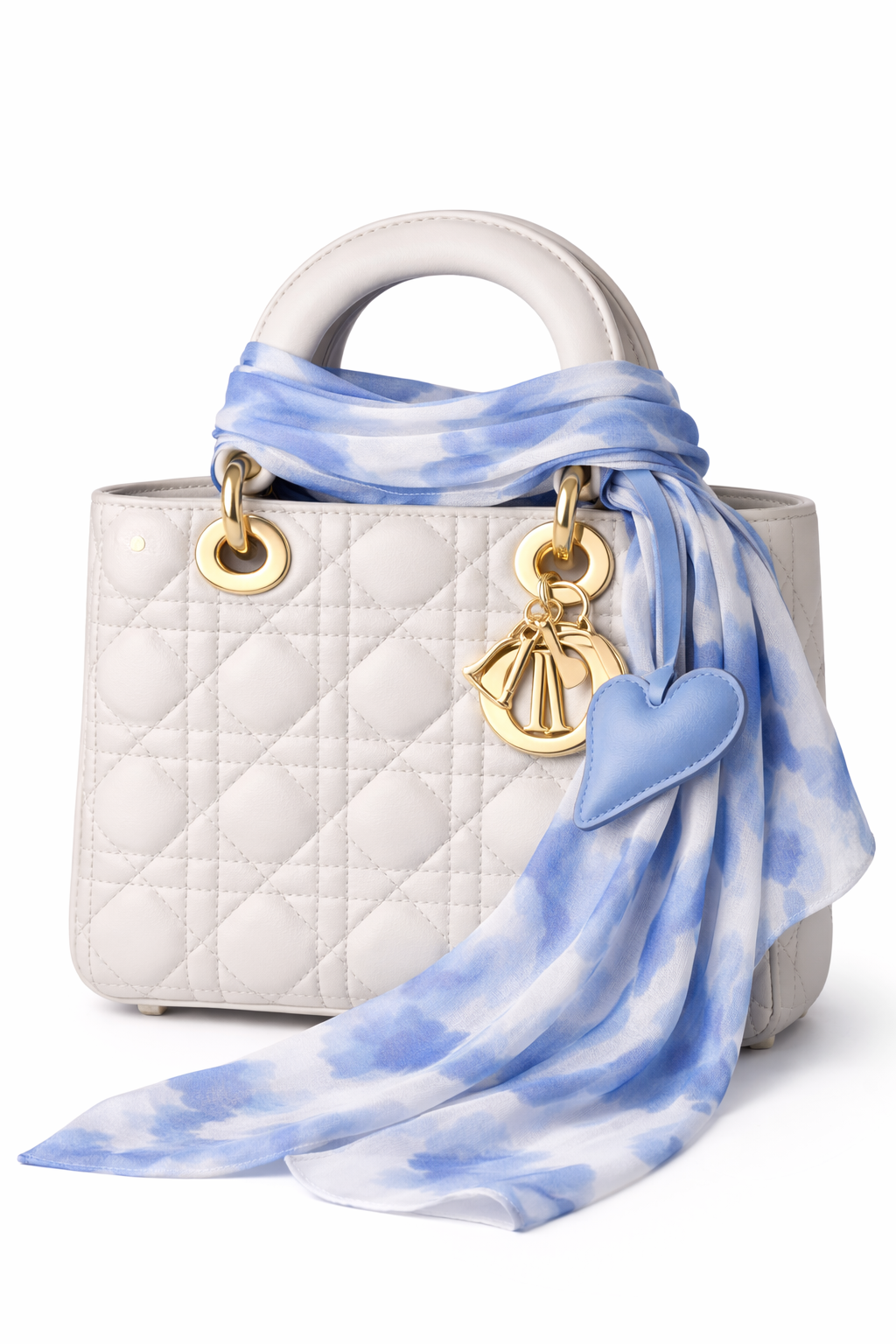 Light Blue  Carry Your Heart Collection Leather Heart Bag Charm on white luxury bag and scarf. 