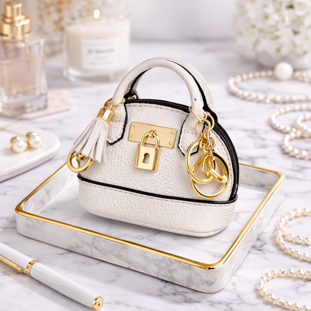 Petite light blue Leather Purse Lock & Key Bag Charm  with key ring and zipper on marble surface with pen and pearls. 