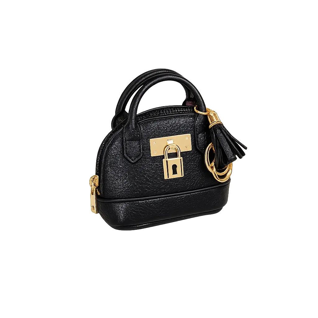 Petite black Leather Purse Lock & Key Bag Charm  with key ring and zipper. 