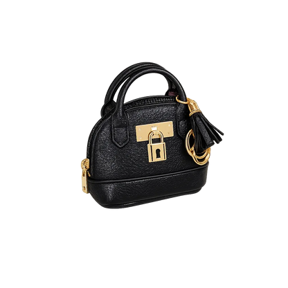 Petite black Leather Purse Lock & Key Bag Charm  with key ring and zipper. 