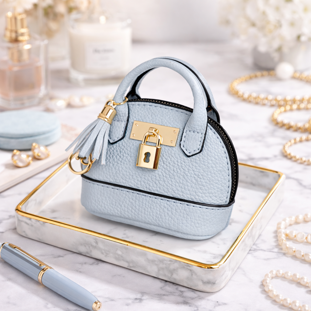 Petite light blue Leather Purse Lock & Key Bag Charm  with key ring and zipper on marble surface with pen and pearls. 