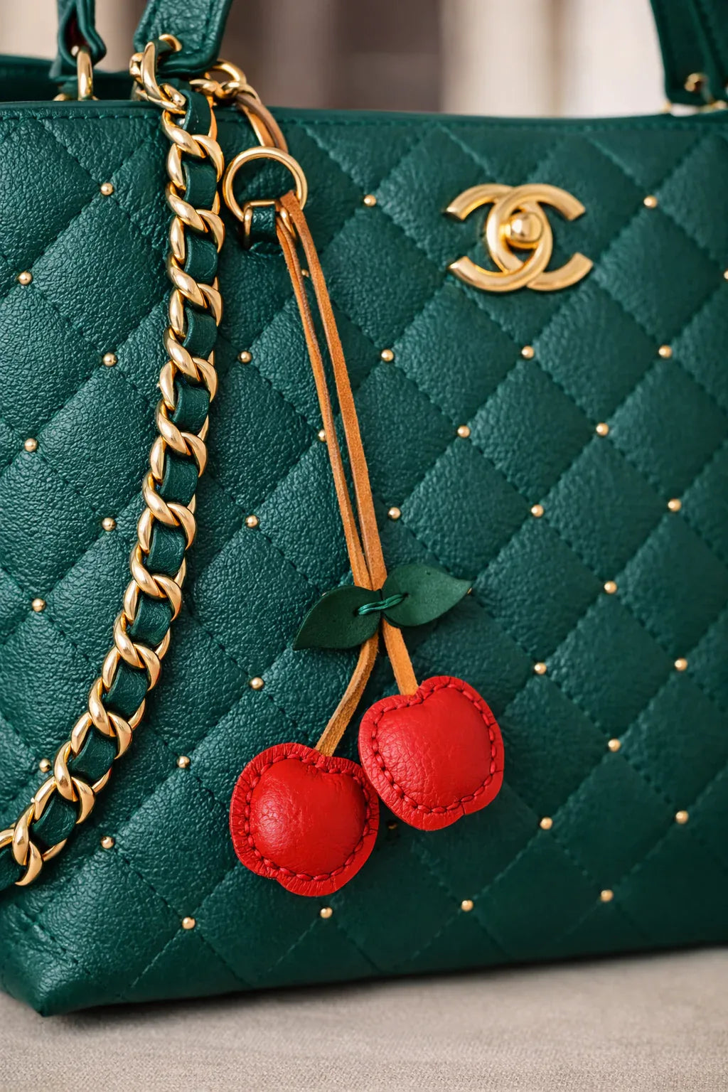 Cherry Orchard Luxe Leather Fruit Bag Charms with leather strap on luxury Purse. 