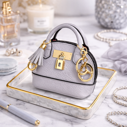 Petite grey Leather Purse Lock & Key Bag Charm  with key ring and zipper on marble surface with pen and pearls. 