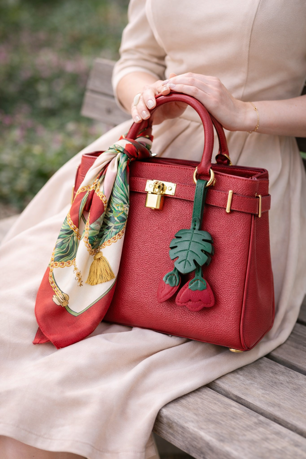 Women on a park bench holding a red luxury bag with a Red Monstera Bloom Leather Bag Charm and scarf. 
