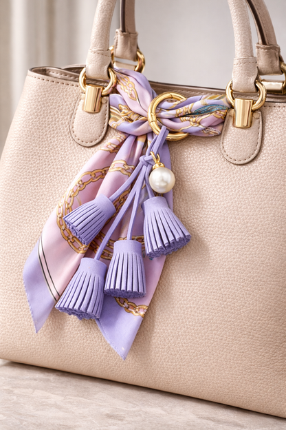 Light Blue Suede & Pearl Tassel Bag Charm with pearl accent on brass key ring on purse with scarf. 