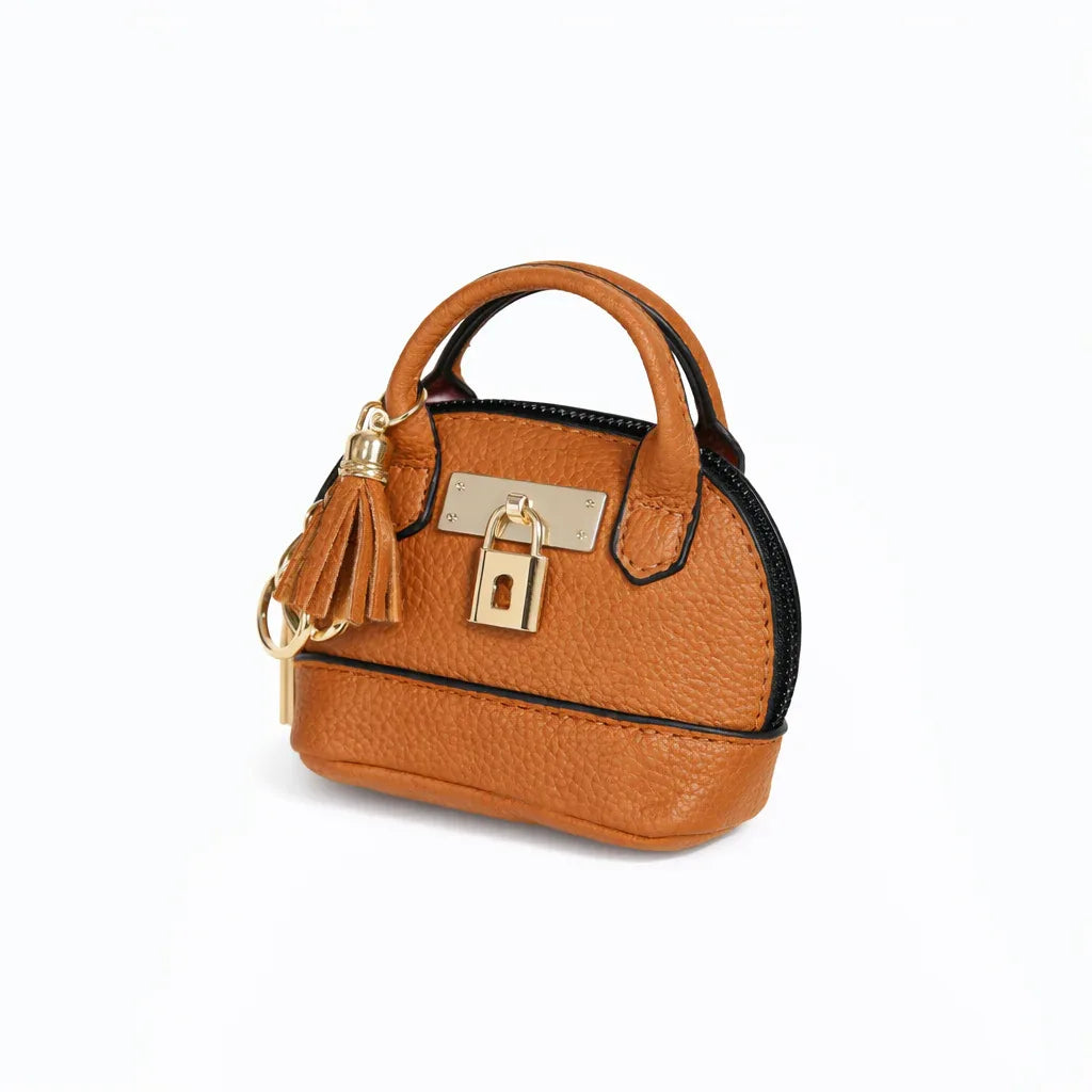 Petite orange Leather Purse Lock & Key Bag Charm  with key ring and zipper. 