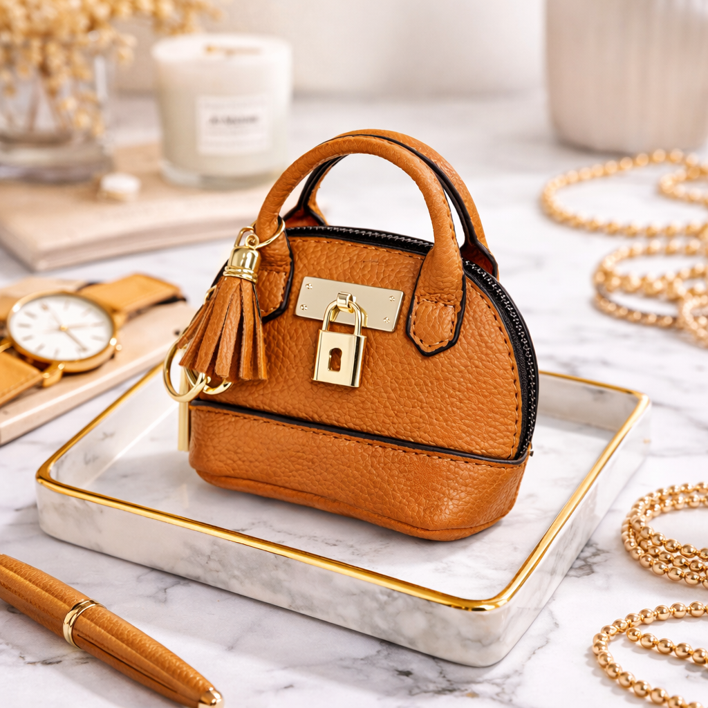 Petite orangeLeather Purse Lock & Key Bag Charm  with key ring and zipper on marble surface with pen and pearls. 