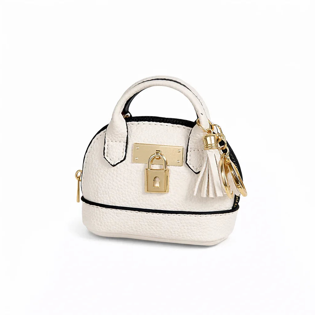 Petite white Leather Purse Lock & Key Bag Charm  with key ring and zipper. 