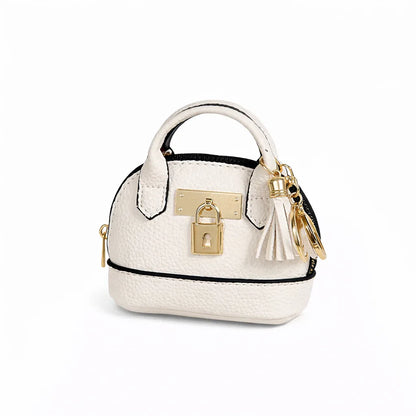 Petite white Leather Purse Lock & Key Bag Charm  with key ring and zipper. 