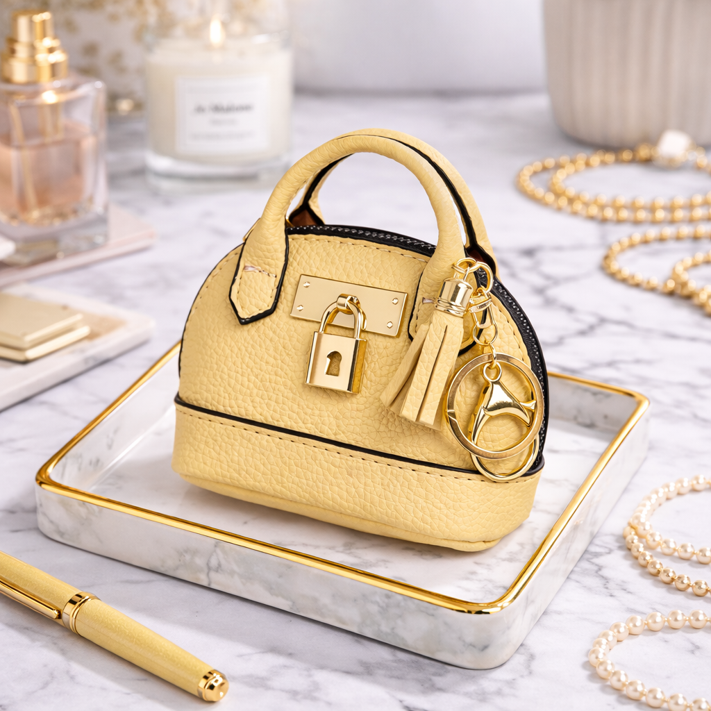 Petite yellow Leather Purse Lock & Key Bag Charm  with key ring and zipper on marble surface with pen and pearls. 