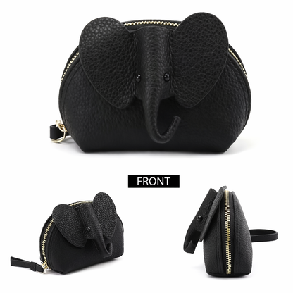 Baby Elephants on Parade genuine leather elephant-shaped coin pouch in Black. showing Front and side.