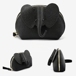 Black elephant-shaped pouch with a gold zipper on a white background