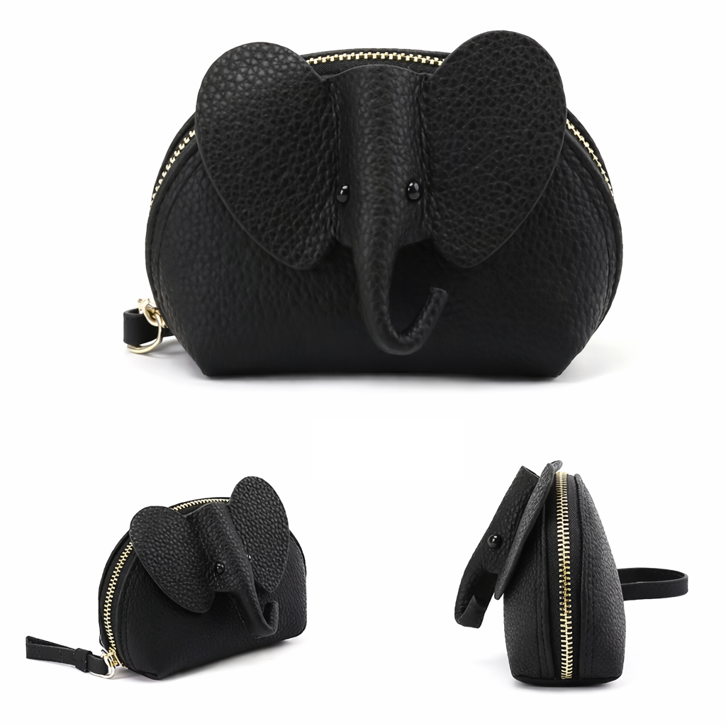 Black elephant-shaped purse from multiple angles on a white background