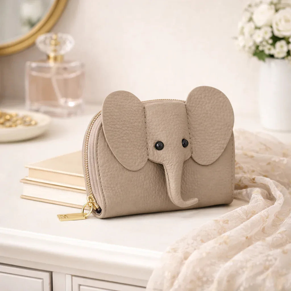 Elephant-shaped leather card holder in Khaki with a secure gold zipper and multiple card slots.