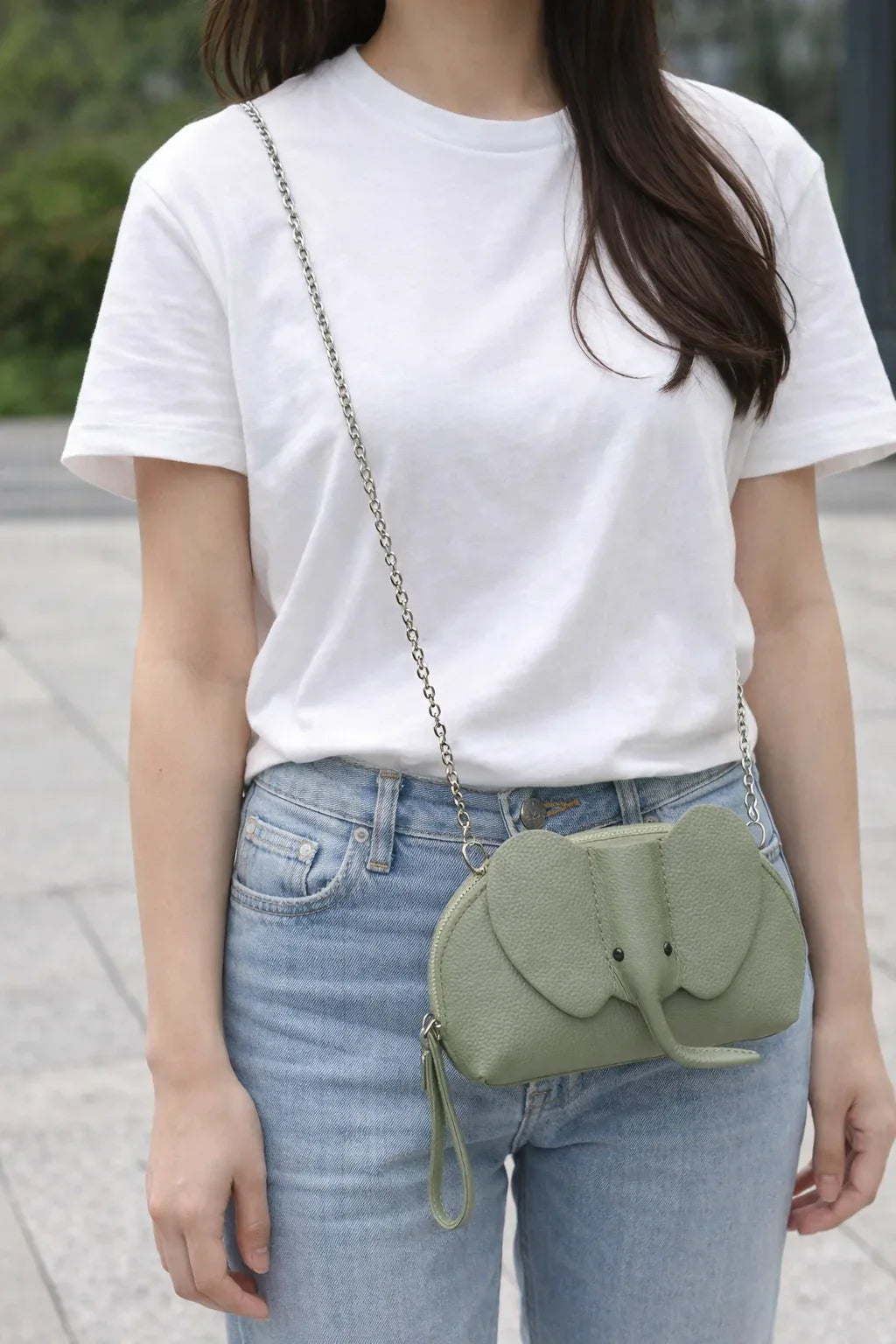Handcrafted genuine leather elephant crossbody mini bag in grey by Trunk Love.
