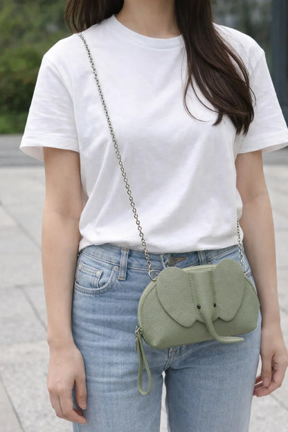 Handcrafted genuine leather elephant crossbody mini bag in grey by Trunk Love.