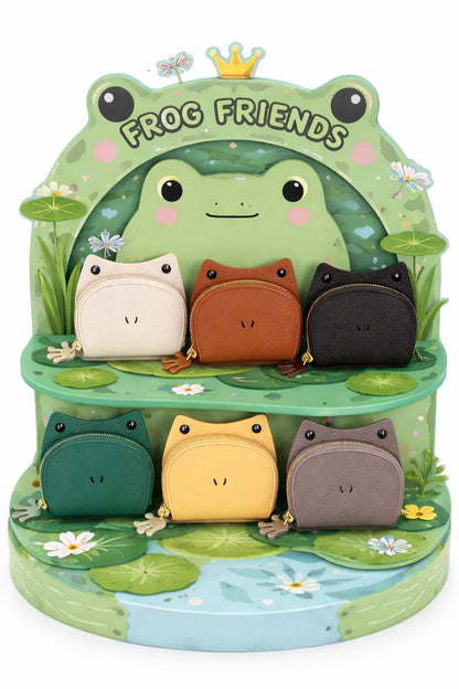 6 Handcrafted  leather frog-shaped card holder with a smiling face and gold zipper sitting on display for Frog Friends. 