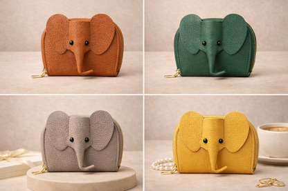 4 elephant-shaped leather card holders in  with a secure gold zipper and multiple card slots sitting on a table to show size.