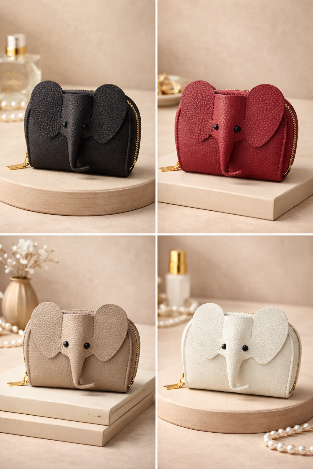 4 elephant-shaped leather card holders in  with a secure gold zipper and multiple card slots sitting on a table to show size.