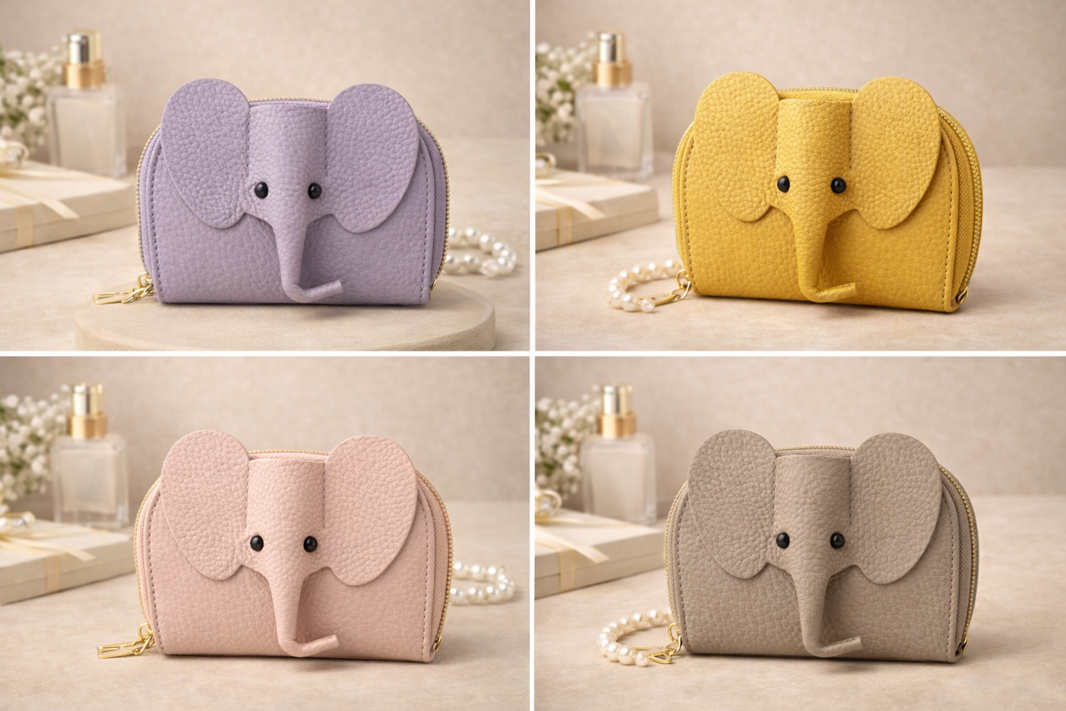 4 elephant-shaped leather card holders in  with a secure gold zipper and multiple card slots sitting on a table to show size.