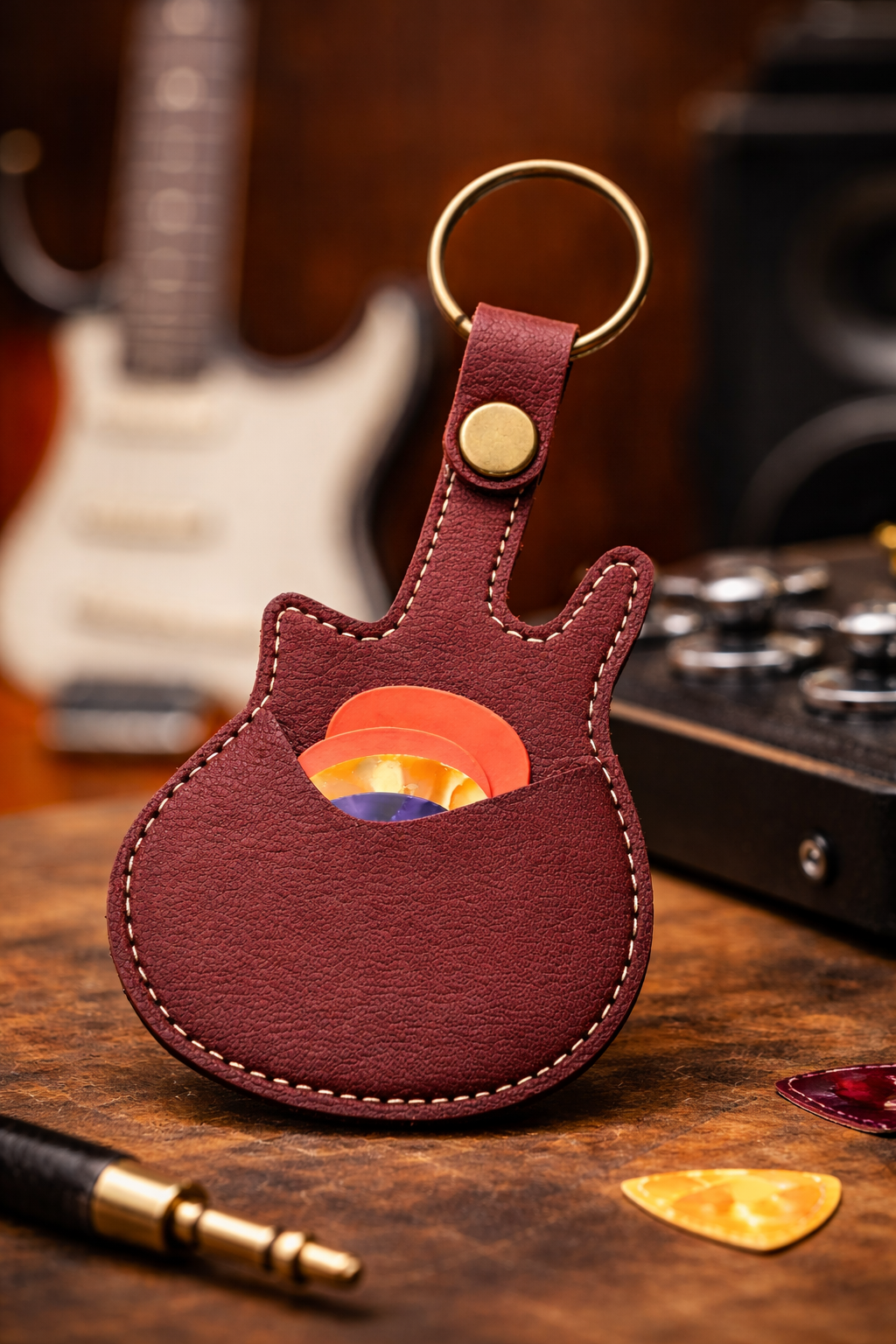 Handmade brown  guitar-shaped leather keychain with a secure pick pocket and brass-tone ring.