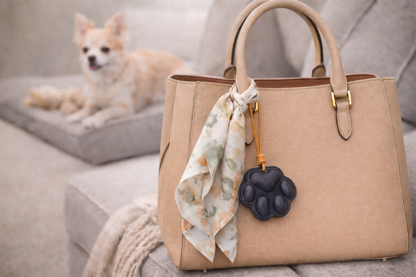 An  Everyday Companion Green Dog Paw Bag Charm with leather strap on beige purse with scarf on chair with dog. 