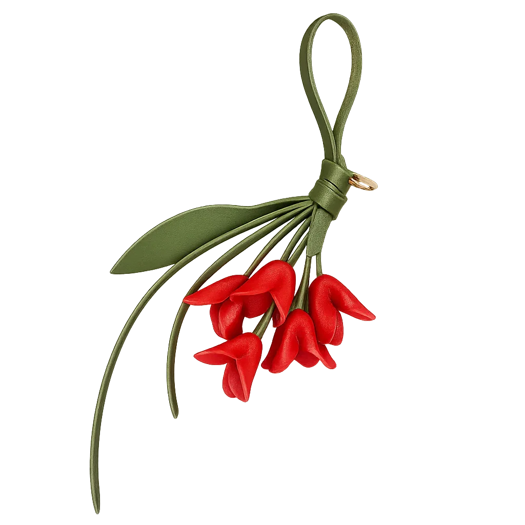 Red Petite Lily Bag Charm  with leather strap. 