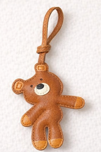Brown teddy bear leather bag charm on a white textured background