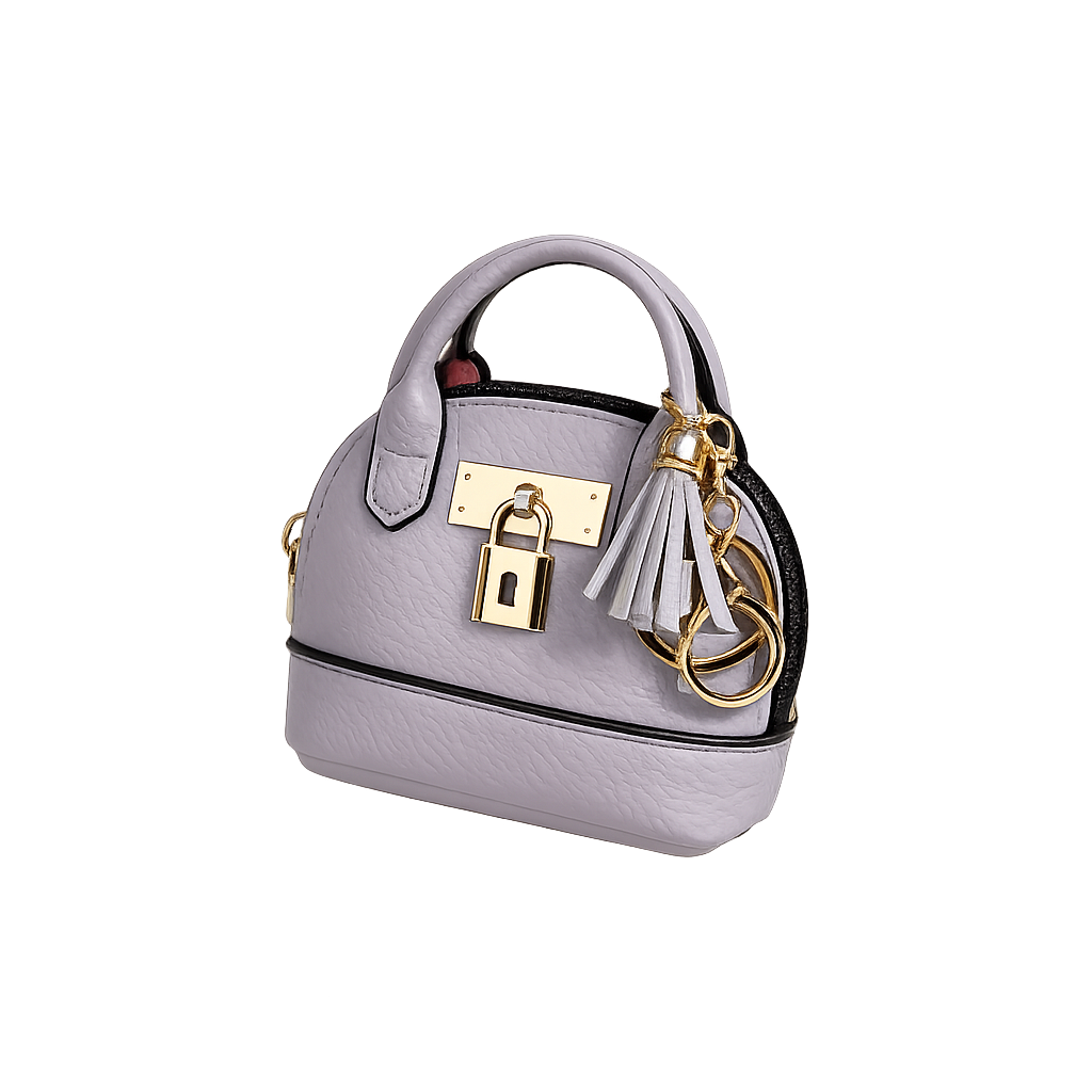 Petite grey Leather Purse Lock & Key Bag Charm  with key ring and zipper.