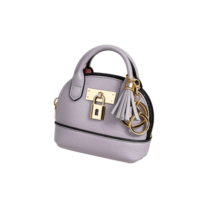 Petite grey Leather Purse Lock & Key Bag Charm  with key ring and zipper.
