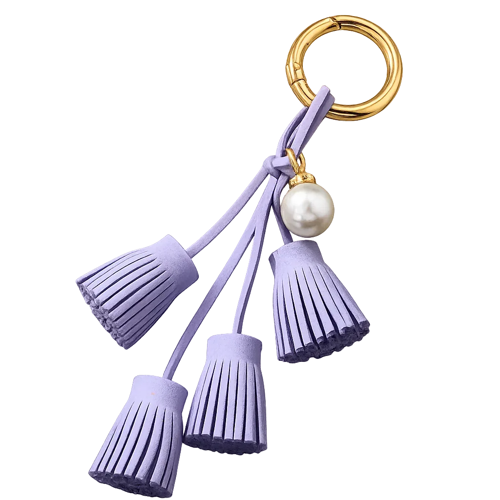 Lavender Suede & Pearl Tassel Bag Charm with pearl accent on brass key ring. 