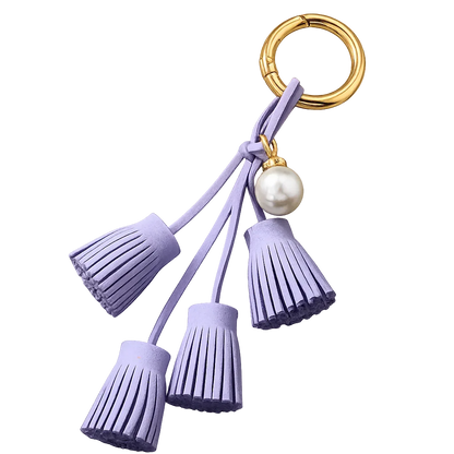 Lavender Suede & Pearl Tassel Bag Charm with pearl accent on brass key ring. 