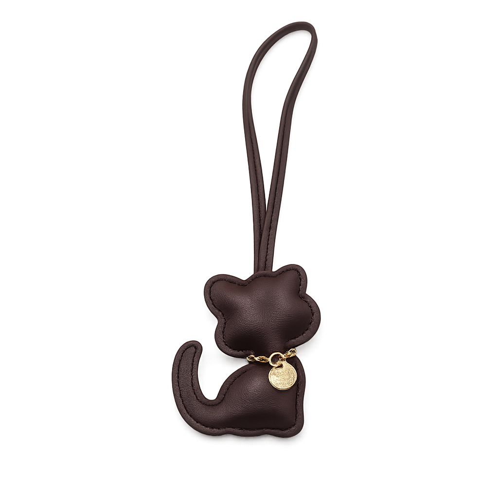 Brown Cozy Kitty Handmade Leather Kitten Bag Charm with leather strap.